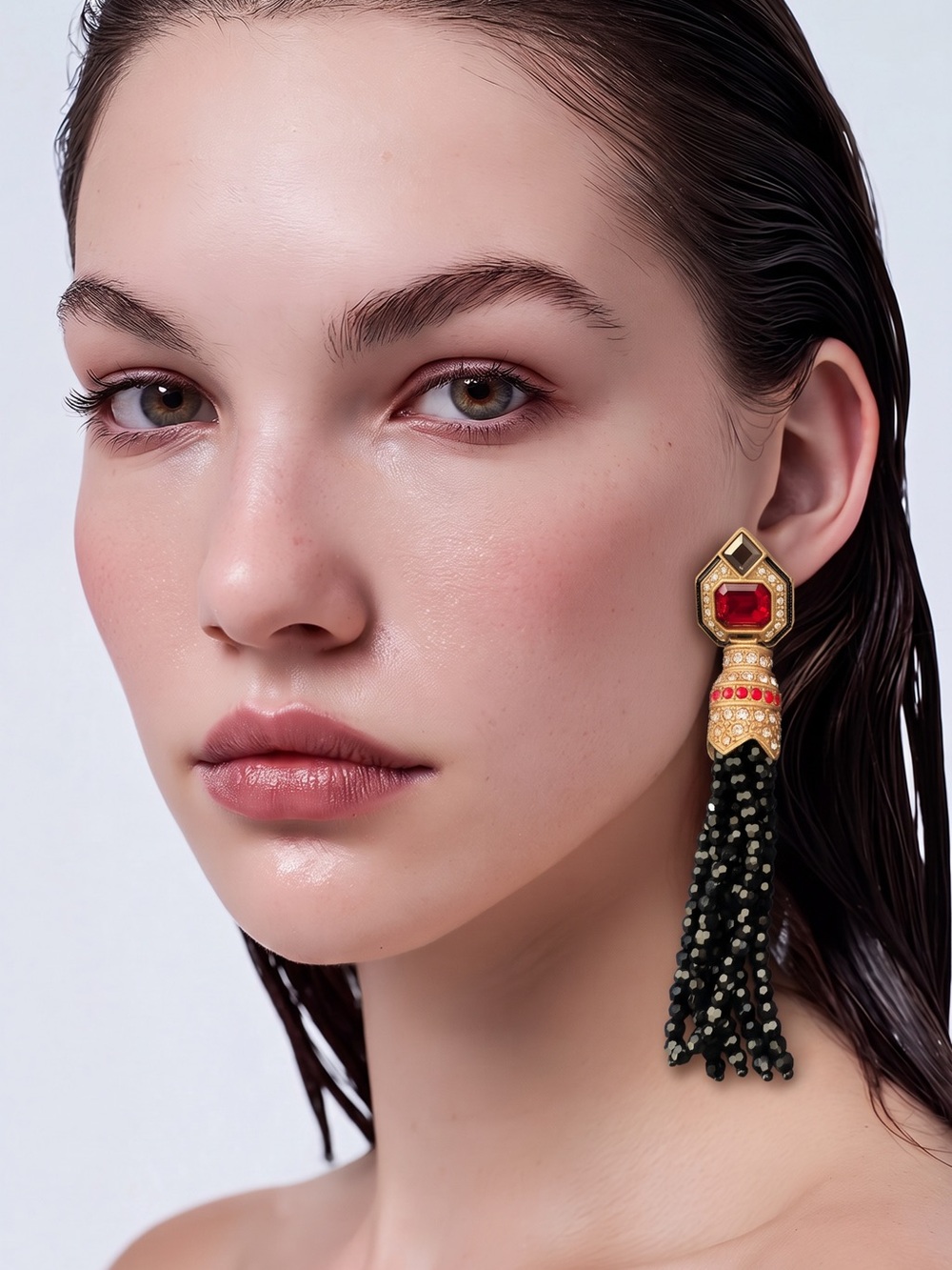 Gold and Red Tassel Statement Earrings - Designer Women Jewelry